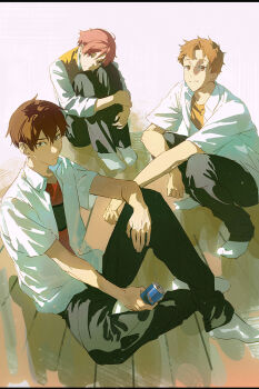 3boys black_pants brown_hair can collared_shirt hair_between_eyes highres holding holding_can knees_up long_sleeves looking_at_viewer male_focus multiple_boys on_floor original pants pink_hair school_uniform shirt short_hair sitting t-shirt white_shirt wooden_floor xiaojiaju