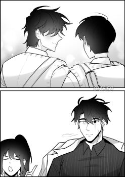 1girl 3boys absurdres areuwuu backpack bag breath commentary english_commentary greyscale heterochromia high_ponytail highres jacket jacket_on_shoulders kim_dokja lee_jihye male_focus monochrome multiple_boys oldest_dream omniscient_reader&#039;s_viewpoint original ponytail scar scar_across_eye scar_on_face secretive_plotter shirt short_hair shoulder_bag sidelocks smile striped_clothes striped_shirt t-shirt talking upper_body vest yaoi yoo_joonghyuk