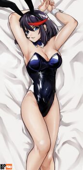 1girl absurdres animal_ears arms_up artist_logo artist_name bare_legs black_hair black_leotard blue_eyes bow bowtie breasts cleavage commentary detached_collar fake_animal_ears feet_out_of_frame grin highres kill_la_kill kobi420 leotard logo looking_at_viewer lying matoi_ryuuko multicolored_hair on_back parted_lips playboy_bunny rabbit_ears red_streaks revision shiny_clothes short_hair smile solo strapless strapless_leotard streaked_hair symbol-only_commentary two-tone_hair wrist_cuffs