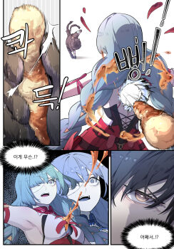 1boy 1girl absurdres bandage_over_one_eye black_gloves black_hair braid breasts commentary_request dress gloves grey_eyes grey_hair highres korean_commentary korean_text long_hair low_twin_braids male_rover_(wuthering_waves) open_mouth phrolova_(wuthering_waves) red_dress rover_(wuthering_waves) scene_reference seio_(seio0947) small_breasts throwing throwing_food translation_request twin_braids wuthering_waves yellow_eyes