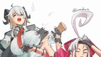 >_< 2girls ahoge black_gloves black_horns bow breasts carlotta_(wuthering_waves) collared_shirt commentary curled_horns earrings english_commentary forehead gloves hair_bow height_difference highres horns huge_ahoge jewelry jujutsu_kaisen key_earrings large_breasts lennykaise meme multiple_girls naoya_hitting_choso_without_looking_(meme) necktie open_mouth pink_bow red_necktie shirt striped_bow twitter_username white_shirt wuthering_waves zani_(wuthering_waves)