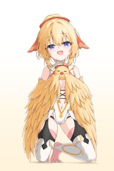 Rule 34 | 1girl, absurdres, animal, bare shoulders, bird, bird legs, black thighhighs, blonde hair, blue eyes, blush, breasts, clothing cutout, commentary request, feathers, frilled leotard, frills, hair between eyes, hair ribbon, harpy, highres, holding, holding animal, holding bird, indie virtual youtuber, kneeling, leotard, lucastre mavia, monster girl, navel, open mouth, red ribbon, ribbon, sleeveless, small breasts, solo, talons, thighhighs, uts, virtual youtuber, white leotard, winged arms, wings, yellow feathers, yellow wings