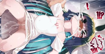 ! !! !? 1boy 1girl absurdres age_difference arm_grab arms_at_sides bar_censor bare_shoulders bed blush censored chest_tattoo collarbone constricted_pupils cum cum_in_mouth cum_inflation deepthroat dress excessive_cum eyebrows_hidden_by_hair eyelashes eyeliner feet_out_of_frame fellatio female_ejaculation female_orgasm from_above from_side green_eyes green_hair half-closed_eyes hetero highres inflation kaminaki_sekai_no_kamisama_katsudou knees_apart_feet_together large_penis loli long_hair looking_afar lying makeup mind_break mitama_(kamikatsu) mizumizuni no_panties off-shoulder_dress off_shoulder on_back on_bed oral orgasm penis pussy pussy_juice rape red_eyeliner reverse_fellatio rolling_eyes shaded_face size_difference solo_focus spread_legs sword_swallowing_position tattoo thick_eyebrows white_dress