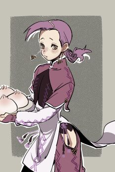 1boy alternate_costume blush braid capelet china_dress chinese_clothes clothing_cutout collared_dress cowboy_shot crossdressing crossdressing_(mtf) dress dumpling earrings food food_request highres hip_vent holding holding_tray jewelry jojo_no_kimyou_na_bouken long_hair long_sleeves looking_at_viewer male_focus open_mouth outline pink_capelet pink_hair pink_sleeves raised_eyebrows sen_(aypj8447) sleeves_past_wrists solo thigh_cutout trap tray vento_aureo vinegar_doppio white_dress white_outline white_sleeves
