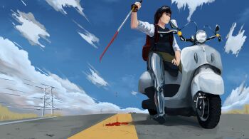 Rule 34 | 1girl, backpack, bag, black hair, blood, bloody weapon, brown eyes, cataclysm: dark days ahead, cloud, commentary request, goggles, goggles on head, holding, holding sword, holding weapon, katana, mechanical legs, motor vehicle, scooter, single mechanical leg, solo, sword, transmission tower, vehicle request, vest, weapon, yuanyujia