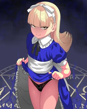 1girl ald alice_(megami_tensei) black_panties blue_dress blue_fire blunt_bangs bow clothes_lift commission dress eyelashes eyes_visible_through_hair fire lace lace_panties loli long_hair looking_at_viewer magic_circle panties persona sideways_glance skeb_commission skirt skirt_lift smile standing underwear yellow_eyes
