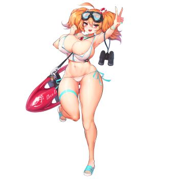 Rule 34 | 1girl, :3, ahoge, areola slip, auto guard system, bikini, binoculars, bracelet, breasts, cerberus (last origin), character doll, doll, fang, full body, game cg, gluteal fold, goggles, goggles on head, hair between eyes, highres, jewelry, large breasts, last origin, lifeguard, looking at viewer, miss safety, mole, mole under eye, nail polish, navel, nipple slip, nipples, official art, open mouth, orange hair, sandals, sd3m pupphead, short hair, short twintails, side-tie bikini bottom, sidelocks, sima (startwitch), simple background, skindentation, solo, string bikini, surfboard, swimsuit, tachi-e, thick thighs, thigh strap, thighs, transparent background, twintails, v, whistle, whistle around neck, white bikini, wide hips, zipper