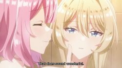 2girls amaori_renako animated bathing bathroom bathtub blonde_hair blue_eyes blush breasts convenient_arm convenient_censoring girl_on_top hair_censor hair_over_breasts highres hug kiss multiple_girls nude ouzuka_mai pink_hair purple_eyes sound surprised tagme underwater underwater_view video watashi_ga_koibito_ni_nareru_wake_naijan_murimuri! water yuri