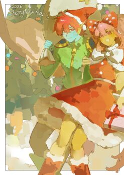 1boy 1girl 2026 absurdres alternate_costume black_pants blue_skin blush bow box captain_spaceboy chinese_commentary closed_mouth coajvejdgi1508 colored_sclera colored_skin commentary_request dark-skinned_female dark_skin double-parted_bangs english_text gift gift_box hair_between_eyes happy_new_year hat highres holding holding_gift holding_sack long_sleeves looking_at_viewer new_year omori open_mouth pants pink_eyes pink_hair pink_nails red_hat sack santa_costume santa_hat short_hair smile sweetheart_(omori) white_bow yellow_sclera