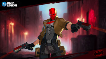 1boy bat_signal batman_(series) batman_symbol black_bodysuit black_gloves bodysuit brown_jacket dc:_dark_legion dc_comics dual_wielding gloves grey_bodysuit gun highres holding holding_gun holding_weapon jacket jason_todd male_focus mask multicolored_bodysuit muscular muscular_male official_art open_clothes pants red_hood_(dc) red_mask superhero_costume taut_bodysuit two-tone_bodysuit weapon