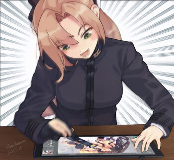 3girls akigumo_(kancolle) alternate_costume black_necktie blonde_hair blue_eyes breasts brown_hair censored censored_nipples character_censor cherry_blossoms drawing_tablet green_eyes highres himeyamato holding holding_stylus indoors iowa_(kancolle) kantai_collection large_breasts long_hair long_sleeves map military military_uniform motion_blur multiple_girls necktie novelty_censor off_shoulder open_clothes open_shirt ponytail red_eyes shirt sidelocks smile star-shaped_pupils star_(symbol) stylus symbol-shaped_pupils white_shirt yamato_(kancolle) yuri