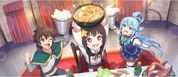 +_+ 1boy 2girls ;d aqua_(konosuba) armpit_crease arms_up beer_mug belt belt_buckle black_cloak black_pants black_skirt blue_eyes blue_hair blue_shirt blue_skirt boots bow bowl bowtie breasts brick_wall brown_belt brown_hair buckle cape carpet chair child choppy_bangs clenched_hand cloak collar collared_shirt cup curtains detached_sleeves dress_shirt drooling food from_above game_cg green_bow green_bowtie green_cape green_eyes hair_between_eyes hair_ornament hair_rings hair_tie hairpin highres holding holding_bowl holding_cup indoors komekko kono_subarashii_sekai_ni_shukufuku_wo! konosuba!_fantastic_days large_breasts long_hair long_sleeves looking_up miniskirt mouth_drool mug multiple_girls official_art on_chair one_eye_closed open_mouth pants patchwork_clothes pleated_skirt red_eyes red_ribbon ribbon satou_kazuma shirt short_hair short_twintails sidelocks single_hair_ring skirt sleeveless sleeveless_shirt smile sparkle standing standing_on_chair star_(symbol) star_hair_ornament suspender_skirt suspenders table thigh_boots thighhighs twintails white_collar white_shirt white_sleeves white_thighhighs zettai_ryouiki