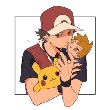 Rule 34 | 1boy, 55oshimechan, black shirt, blue oak, brown eyes, brown hair, character doll, doll, gen 1 pokemon, hat, highres, holding, holding doll, looking at viewer, male focus, nintendo, pikachu, pokemon, pokemon hgss, red (pokemon), red hat, red vest, shirt, short hair, short sleeves, t-shirt, twitter username, vest, white background, wristband