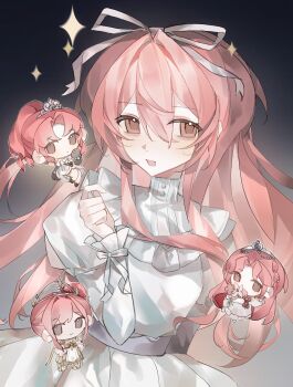 Rule 34 | 4girls, bead bracelet, beads, bib collar, black background, black boots, black gloves, boots, bouquet, bow, bracelet, braid, brown eyes, bubble skirt, cape, capelet, chibi, coattails, collar, covered mouth, cowboy shot, dress, elbow gloves, expressionless, flower, frilled collar, frilled sleeves, frills, gloves, gown, gradient background, grey background, grey sash, hair beads, hair between eyes, hair bun, hair intakes, hair ornament, hair ribbon, hands on own hips, happy, high ponytail, highres, holding, holding bouquet, infinity nikki, jewelry, juliet sleeves, large ribbon, light blush, long hair, long hair between eyes, long sidelocks, long sleeves, loose hair strand, melody bloom (infinity nikki), miracle nikki, multiple girls, multiple views, nikki (nikki), nikki (series), open mouth, parted bangs, pink flower, pink hair, pleated dress, ponytail, puffy sleeves, red bow, red cape, ribbon, sash, shining nikki, shiyun86681, shoes, short dress, side braid, sidelocks, silky sweet dream (shining nikki), simple background, single braid, single side bun, skirt, sleeve bow, smile, sparkle, standing, striped bow, tiara, turtleneck, turtleneck dress, two-tone background, updo, very long hair, waist sash, when blossoms gather (miracle nikki), white arm warmers, white bow, white capelet, white dress, white flower, white ribbon, white shoes