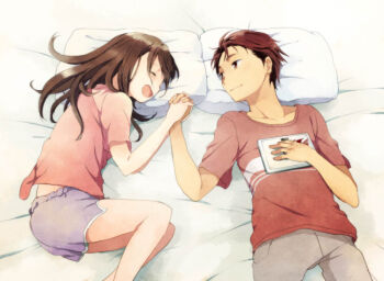 1girl bed bed_sheet brown_hair closed_eyes couple grey_pants hair_down happy holding holding_hands holding_tablet_pc long_hair loungewear lying on_back on_bed on_side open_mouth pants pillow purple_shorts red_eyes red_hair red_shirt robotics;notes science_adventure senomiya_akiho shared_bed shirt shorts smile t-shirt tablet_pc takana_(nanao) tongue yashio_kaito