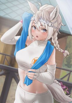 1girl absurdres animal_ears bare_shoulders blush bow braid braided_tail cowboy_shot elbow_gloves extra_ears fingerless_gloves gloves grey_eyes hair_between_eyes hashtag-only_commentary headgear highres horse_ears horse_girl horse_tail kemono_friends kemono_friends_3 leggings long_hair midriff navel sidelocks sleeveless solo sports_bra sweatdrop tail tail_bow tail_ornament toriny towel white_gloves white_hair white_leggings white_sports_bra white_thoroughbred_(kemono_friends)