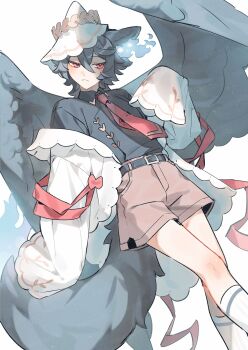 1boy absurdres animal_ears black_shirt blue_fire coat commentary_request dutch_angle feathered_wings fire flaming_ears grey_hair grey_wings highres kneehighs looking_at_viewer male_focus mill_hka necktie original red_eyes red_necktie shirt short_hair shorts simple_background sleeves_past_fingers sleeves_past_wrists socks solo standing tail white_background white_coat wings