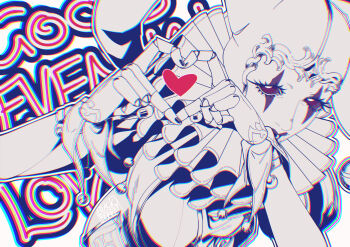 Rule 34 | 1girl, absurdres, blackberreh-art, clown, clown makeup, collar, design speculation, doll joints, eyelashes, fingernails, four-finger heart hands, frilled collar, frills, hat, heart, heart hands, highres, joints, lips, makeup, mannequin, nikola orsinov, no eyebrows, nose, solo, tareme, the magnus archives