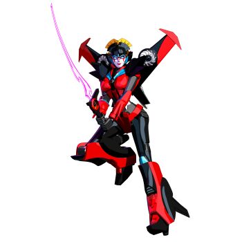 1girl 3d absurdres andypurro autobot blender_(medium) blue_eyes breasts energy_sword highres holding holding_sword holding_weapon humanoid_robot makeup mechanical_wings medium_breasts non-web_source panties red_lips red_panties robot robot_girl sword transformers underwear weapon windblade wings