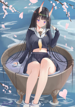 1girl absurdly_long_hair azur_lane black_cardigan black_hair black_serafuku black_skirt cardigan feet_out_of_frame hair_ornament hand_in_own_hair highres horns livetarica long_hair long_sleeves looking_at_viewer midriff neckerchief noshiro_(azur_lane) pink_petals purple_eyes sailor_collar sakura_empire_(emblem) school_uniform serafuku signature skin-covered_horns skirt solo very_long_hair water white_neckerchief white_sailor_collar x_hair_ornament