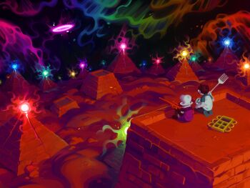 2girls absurdres black_sky blue_light brown_hair commentary dress english_commentary fork from_behind giant_fork glasses glowing green_light green_sleeves gun highres holding holding_weapon homestuck horizon indian_style jane_crocker medium_hair multiple_girls neon_lights night off-shoulder_dress off_shoulder orange_light orb pink_dress pink_light player_land_(homestuck) portal_(object) purple_light pyramid_(structure) rainbow_gradient red_light rifle roxy_lalonde scenery seiza shirt short_hair sitting sky t-shirt weapon white_hair white_shirt wide_shot window xamag