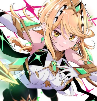 1girl aegis_sword_(xenoblade) bare_shoulders black_pantyhose blonde_hair breasts cherubi_nbo chest_jewel dress earrings elbow_gloves floating_earrings gloves highres holding holding_sword holding_weapon jewelry large_breasts long_hair microdress mythra_(massive_melee)_(xenoblade) mythra_(xenoblade) neon_trim pantyhose solo swept_bangs sword thigh_strap tiara very_long_hair weapon white_dress white_gloves xenoblade_chronicles_(series) xenoblade_chronicles_2 yellow_eyes