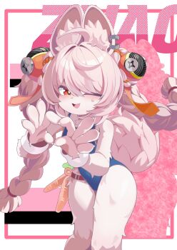 1girl absurdres alternate_costume animal_ear_fluff animal_ear_piercing animal_ears bare_shoulders blue_one-piece_swimsuit blush border braid braided_twintails bright_pupils character_name commentary cowboy_shot cran_berrie four-finger_heart_hands furry furry_female hair_intakes heart heart_hands highres long_hair looking_at_viewer one-piece_swimsuit one_eye_closed open_mouth pink_border pink_fur pink_hair rabbit_ears rabbit_girl rabbit_tail red_eyes screw short_eyebrows solo sweat sweatdrop swimsuit tail teeth thick_eyebrows upper_teeth_only white_background white_pupils wristband zenless_zone_zero zhao_(zenless_zone_zero)