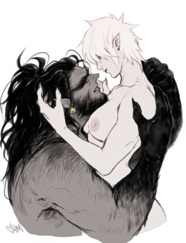 1boy 1girl arm_hair back_hair beard between_breasts black_hair borrowed_character breasts colored_skin commentary earrings english_commentary facial_hair grey_skin hamletmachine head_between_breasts hetero highres jewelry long_hair medium_breasts original pale_skin pointy_ears ponytail short_hair signature thick_eyebrows white_hair