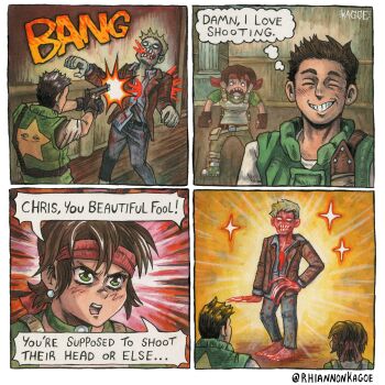 1boy 1girl absurdres artist_name bandana black_gloves blood brown_hair chris_redfield claws closed_eyes commentary earrings english_commentary fingerless_gloves firing gloves green_eyes gun hand_on_own_hip handgun highres holding holding_gun holding_weapon jewelry rebecca_chambers red_bandana resident_evil resident_evil_1 rhiannon_kagoe sparkle weapon zombie