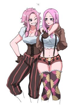 2girls blush breasts brown_gloves brown_jacket cleavage corset face_piercing freckles ginny_(one_piece) gloves grin highres jacket jewelry_bonney large_breasts lipstick makeup midriff mother_and_daughter multiple_girls nasu_(ilo_a5) one_eye_closed one_piece piercing pink_hair purple_eyes red_lips shirt short_shorts short_sleeves shorts sidelocks simple_background smile suspenders thumbs_up white_background white_shirt