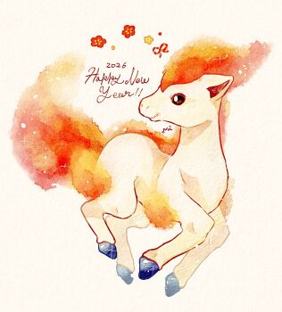 Rule 34 | 2026, animal focus, brown eyes, chinese zodiac, closed mouth, commentary request, fire, full body, gen 1 pokemon, happy new year, highres, horse, miketoevecan, new year, nintendo, no humans, pokemon, pokemon (creature), ponyta, simple background, smile, traditional media, white background, year of the horse