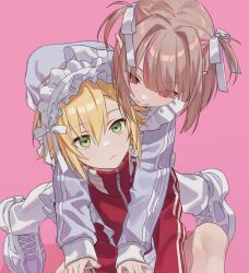 Rule 34 | 1boy, 1girl, alternate costume, arms around neck, behind another, bent over, blonde hair, brown hair, closed mouth, commentary request, crossdressing, fangs, feet out of frame, green eyes, grey footwear, grey jacket, highres, jacket, jersey maid, leaning on person, leg warmers, long pointy ears, long sleeves, looking at another, magatama (magatama 111), maid, maid headdress, makaino ririmu, male maid, multicolored hair, nijisanji, pigeon-toed, pink background, pink hair, pointy ears, red eyes, red jacket, shoes, short hair, simple background, sitting, skin fangs, smile, sneakers, standing, streaked hair, track jacket, turtleneck, turtleneck jacket, two side up, unconventional maid, uzuki kou, virtual youtuber