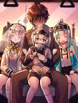 1boy 3girls absurdres admi_(nikke) ahoge animal_ears bag bandaid bandaid_on_face bike_shorts black_shorts black_skirt blue_eyes blurry book bow bowtie breasts bug butterfly collared_shirt commander_(nikke) crossed_bangs double_bun epinel_(nikke) fake_animal_ears feet_out_of_frame food goddess_of_victory:_nikke green_eyes green_hair grey_hair grey_headwear grey_sweater hair_bun hair_ornament hairclip hand_in_pocket hand_on_headwear hand_up head-mounted_display headgear highres holding holding_food holding_skateboard insect jacket jimpu6 kneehighs leaning_on_person light_blush long_sleeves medium_hair military military_uniform miniskirt multicolored_hair multiple_girls n102_(nikke) note open_clothes open_jacket pink_eyes pleated_skirt ponytail puffy_sleeves school_bag school_uniform shirt shoes short_shorts shorts sidelocks sitting sitting_on_lap sitting_on_person skateboard skirt sleeping sleeves_past_wrists small_breasts socks streaked_hair sweater thighs white_hair white_jacket white_shirt white_socks writing yellow_bow yellow_bowtie