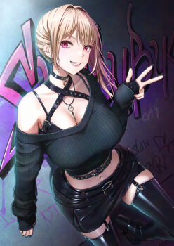 1girl belt black_belt black_boots black_bra black_choker black_collar black_gloves black_nails black_skirt black_sweater black_thighhighs blonde_hair bondage_outfit boots bra breasts chest_harness choker cleavage collar commentary_request crop_top cross cross_earrings ear_piercing earrings feet_out_of_frame fingerless_gloves garter_straps gloves graffiti hand_up harness highres jewelry key key_necklace latex latex_bra latex_gloves latex_skirt latex_thighhighs leather leather_belt leather_body_harness leather_bra leather_gloves leather_skirt leather_strap long_hair looking_at_viewer medium_breasts nail_polish navel necklace one_side_up open_mouth original parted_lips pencil_skirt piercing purple_eyes single_bare_shoulder skirt smile solo standing standing_on_one_leg sweater tai_(2vs) teeth thighhighs thighs underwear v
