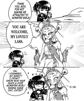 Rule 34 | 2girls, 3koma, bare shoulders, blush, bracelet, closed eyes, comic, ear piercing, emo-girl (grs-), english text, grs-, highres, jewelry, medium hair, monster girl, multiple girls, original, piercing, ponytail, praying, short hair, short ponytail, simple background, spiked bracelet, spikes, white background, yahweh, yuri