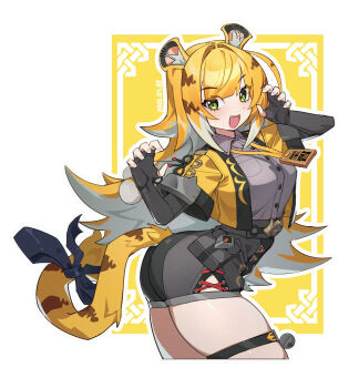 animal_ears ass black_gloves black_shirt black_shorts blonde_hair blue_bow bow breasts claw_pose collared_shirt cropped_jacket fingerless_gloves gloves green_eyes highres jacket ju_fufu multicolored_hair open_mouth pointy_ears sesese shirt shorts small_breasts smile solo tail tail_bow tail_ornament thigh_strap tiger_ears tiger_girl tiger_stripes tiger_tail two-tone_hair white_hair yellow_jacket zenless_zone_zero