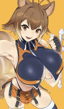 1girl animal_ears antenna_hair armpits belt belt_buckle black_belt black_gloves black_thighhighs blazblue breasts brown_eyes brown_hair buckle collared_shirt colored_tips cowboy_shot crop_top double-parted_bangs fingerless_gloves flipped_hair from_above g-string gloves hand_up highleg highleg_panties highres huge_breasts kuma_(jk0073) looking_at_viewer lower_teeth_only makoto_nanaya microskirt midriff multicolored_hair multiple_belts no_bra open_mouth orange_shirt orange_skirt panties revealing_clothes shirt short_hair simple_background skirt sleeveless sleeveless_shirt smile solo squirrel_ears squirrel_girl squirrel_tail tail teeth thighhighs thong tonfa two-tone_hair underboob underwear weapon whale_tail_(clothing) yellow_background
