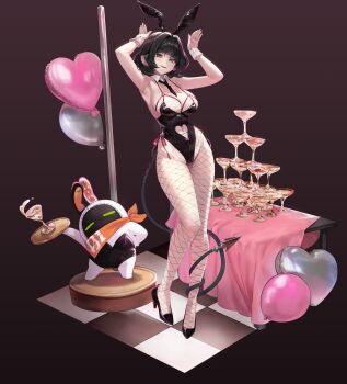 1girl 1other absurdres animal_ear_hairband animal_ears armpits black_hair black_hairband black_leotard black_necktie black_shoes blunt_bangs blush breasts clothing_cutout commentary detached_collar eous_(zenless_zone_zero) fake_animal_ears fishnet_pantyhose fishnets green_eyes hairband high_heels highleg highleg_leotard highres jane_doe_(zenless_zone_zero) large_breasts leotard malsuk mouse_ears mouse_girl mouse_tail navel navel_cutout necktie open_mouth pantyhose playboy_bunny rabbit_ear_hairband rabbit_ears rabbit_pose shoes short_hair sidelocks smile tail zenless_zone_zero