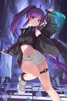 1girl ahoge arm_up black_gloves black_jacket black_shirt breasts building city_lights closed_mouth commentary_request commission crop_top falling fingerless_gloves from_above glass_shards gloves glowing glowing_weapon hair_between_eyes hand_up highres holding holding_knife jacket kamo_ashi knife long_hair looking_at_viewer medium_breasts midriff navel night original ponytail purple_hair road shirt shoes short_shorts shorts sidelocks skeb_commission sneakers solo thigh_strap thighs unzipped weapon white_shoes white_shorts white_trim