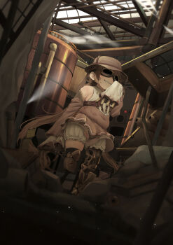 Rule 34 | 1girl, blurry, blurry foreground, brown hair, clenched teeth, commentary request, covered navel, detached sleeves, dress, film grain, goggles, hat, highres, indoors, industrial pipe, long hair, long sleeves, ne an ito, parted lips, pink dress, plump, sharp teeth, sleeves past wrists, solo, teeth, tsukuyomi ai, twintails, voiceroid, wide sleeves