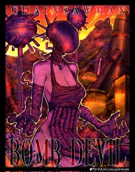 1girl apron black_apron bomb bomb_devil_(chainsaw_man) breasts chain chainsaw_man cleavage copyright_name corrupted_twitter_file dynamite explosive highres large_breasts mine_(weapon) missile noremmak object_head panties patreon_logo patreon_username purple_apron purple_panties solo twitter_username underwear watermark web_address