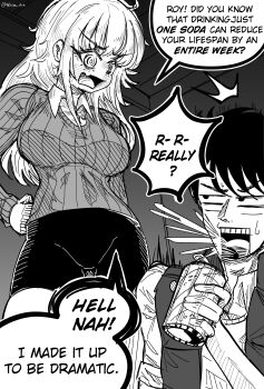 1boy 1girl @_@ absurdres artist_name bike_shorts breasts can commentary drink_can english_commentary english_text fang greyscale highres holding holding_can large_breasts lying mimi_(nhim) monochrome nervous_sweating nhim open_mouth original roy_(nhim) skin_fang soda soda_can spit_take spitting sweat sweater thighs