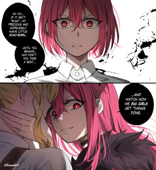 3girls absurdres after_kiss aged_up angry black_gloves brown_cloak clenched_teeth cloak dual_persona elsa_dorothy empty_eyes english_text fingerless_gloves gloves hand_on_another&#039;s_face highres kaosmccloud kiss long_hair multiple_girls netorare please_bully_me_miss_villainess! ponytail red_skirt saliva saliva_trail shirt short_hair skirt splatter surprised teeth white_background white_shirt yuri yvonne_smollett