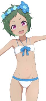 1girl absurdres bikini blue_bow blue_flower bow flower green_skirt head_tilt head_wreath highres looking_at_viewer na-suke navel open_mouth outstretched_arms re:zero_kara_hajimeru_isekai_seikatsu red_eyes skirt solo spread_arms standing swimsuit teeth typhon_(re:zero) upper_teeth_only white_background white_bikini
