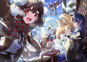 6+girls :3 animal_ears bare_tree belt black_hair black_ribbon blonde_hair blue_hair blue_hat blue_sky brown_hair calendar_(medium) checkered_clothes checkered_skirt closed_eyes closed_mouth commentary_request dark_blue_hair feathered_wings feeding flying food fox_ears fox_tail geta green_ribbon hair_between_eyes haori hat himekaidou_hatate iizunamaru_megumu inubashiri_momiji ishikawa_sparerib japanese_clothes kine kudamaki_tsukasa long_sleeves looking_at_another looking_at_viewer mallet mochi mochi_trail multiple_girls open_mouth plaid_clothes plaid_scarf pointy_ears pom_pom_(clothes) profile purple_hat red_eyes red_hat ribbon romper scarf selfie shameimaru_aya shirt short_hair skirt sky sleeve_ribbon snow snow_on_tree socks standing tail tengu-geta tokin_hat touhou tree white_romper white_shirt white_socks wide_sleeves wings wolf_ears wolf_tail