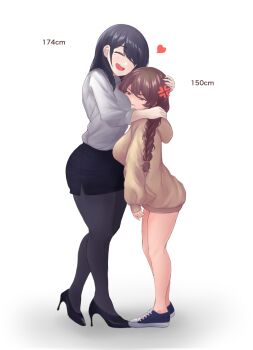 2girls anger_vein annoyed black_hair braid brown_hair closed_eyes face_against_breast hair_tie happy height_difference high_heels highres hood hoodie minishell mole mole_under_eye multiple_girls pencil_skirt red_eyes size_difference skirt smile