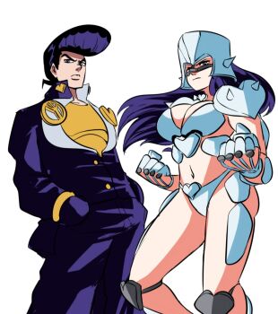 1boy 1girl armor bikini bikini_armor breasts crazy_diamond diamond_is_unbreakable genderswap highres jojo_no_kimyou_na_bouken josuke_higashikata shounen_jump stand_(jojo) swimsuit tinafate1 white_background