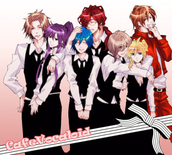 6+boys black_necktie cigarette everyone formal_clothes genderswap genderswap_(ftm) glasses gojoe hug hug_from_behind kagamine_len kaito_(vocaloid) kamui_gakupo kasane_ted kasane_teto long_hair male_focus master meiko_(vocaloid) meito_(vocaloid) multiple_boys necktie ponytail short_hair smoking suit utau vocaloid
