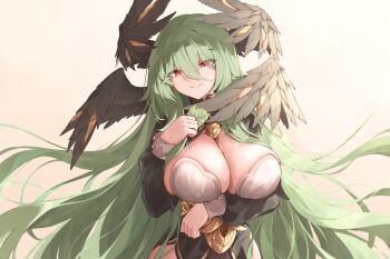 Rule 34 | 1girl, absurdres, arm under breasts, between breasts, black dress, black wings, blitz predator, breasts, cleavage, closed mouth, commentary request, dress, feathered wings, floating hair, gold trim, green hair, grey background, hair between eyes, hand up, head tilt, head wings, highres, holding, joanne (trickcal), korean commentary, large breasts, leaf, long hair, long hair between eyes, long sleeves, looking at viewer, multiple wings, red eyes, sideboob, simple background, sleeve cuffs, smile, solo, trickcal, two-tone dress, very long hair, white dress, wings