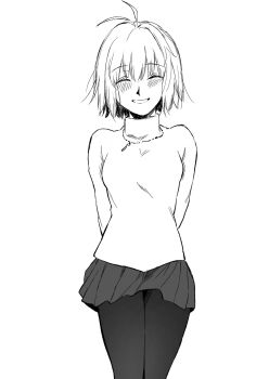 Rule 34 | 1girl, ahoge, arcueid brunestud, arms behind back, black pantyhose, blush, closed eyes, commentary request, grin, hair between eyes, hair intakes, highres, hirekatsu-kan, jewelry, miniskirt, monochrome, necklace, pantyhose, short hair, skirt, smile, sweater, tsukihime, tsukihime (remake), turtleneck, turtleneck sweater